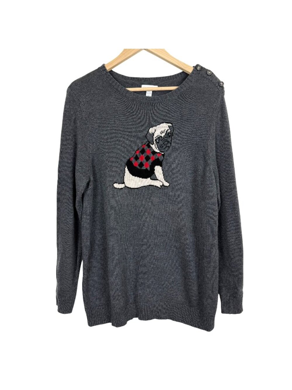 Charter Club Women’s Pug Dog Knit Sweater Sz XL Cotton Blend Gray Long Sleeves